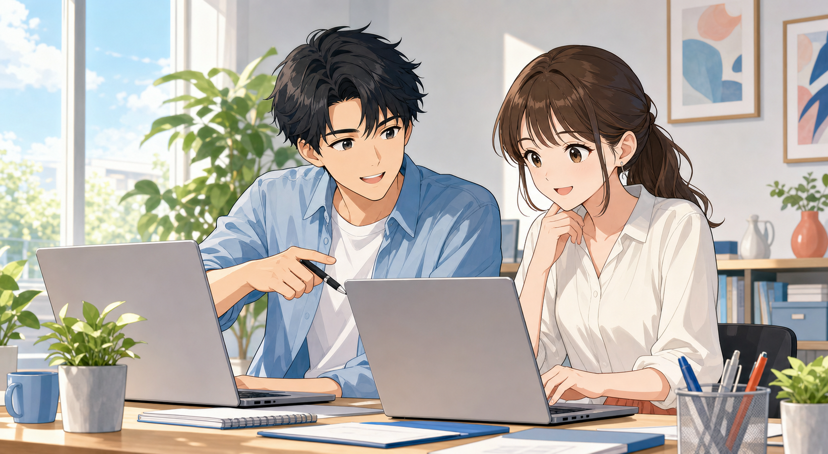 PCで作業している若い男女をアニメ風の画像で生成
